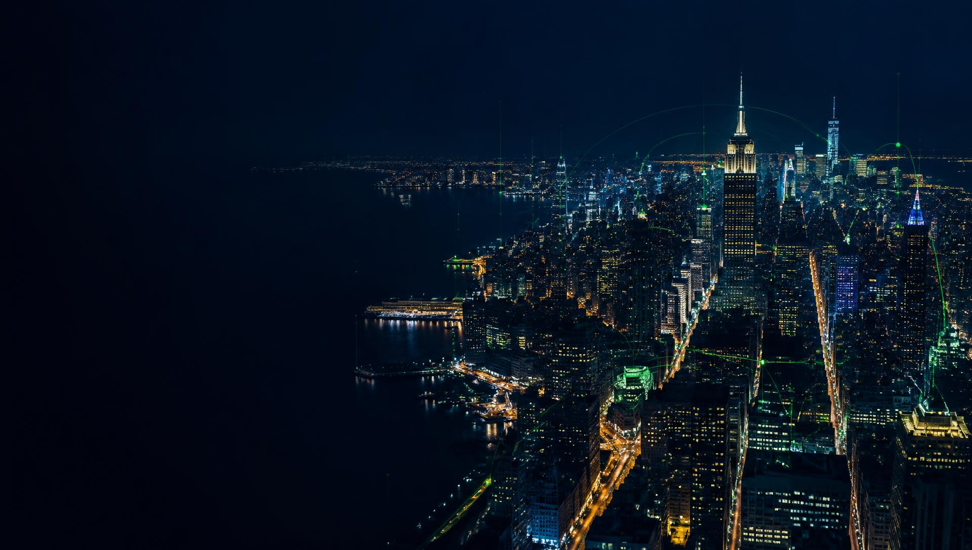 American city skyline at night